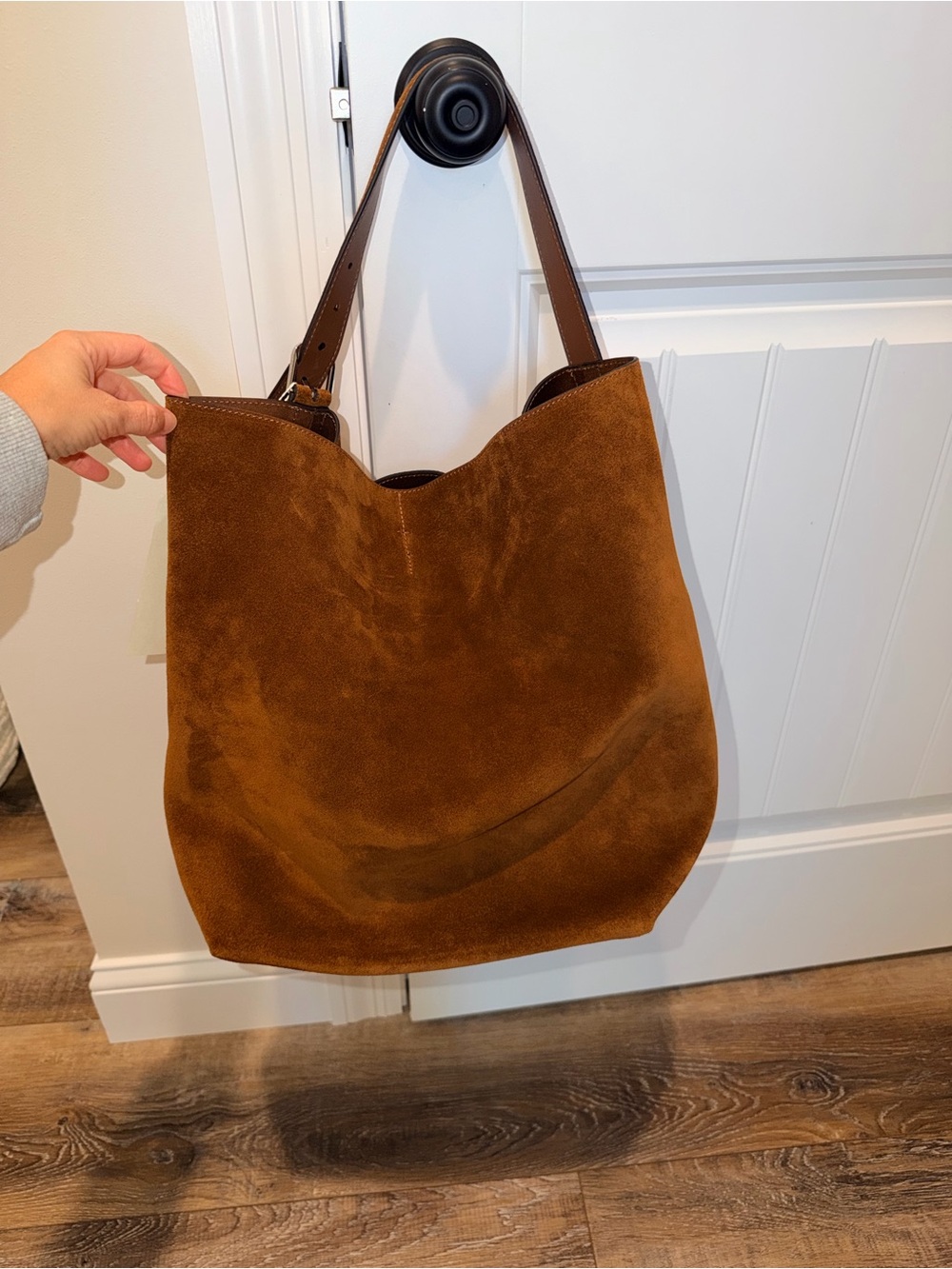 Toteme Large Suede Belted Bag in Cognac Brown - Picture 7 of 11